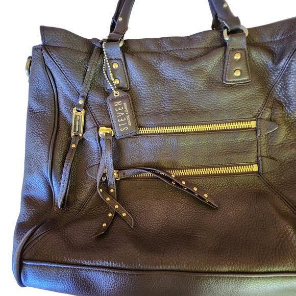 Steven Madden Messenger Tote Bag Buttery Soft Brown Pebbled Leather 12" x 14" x - Picture 2 of 8